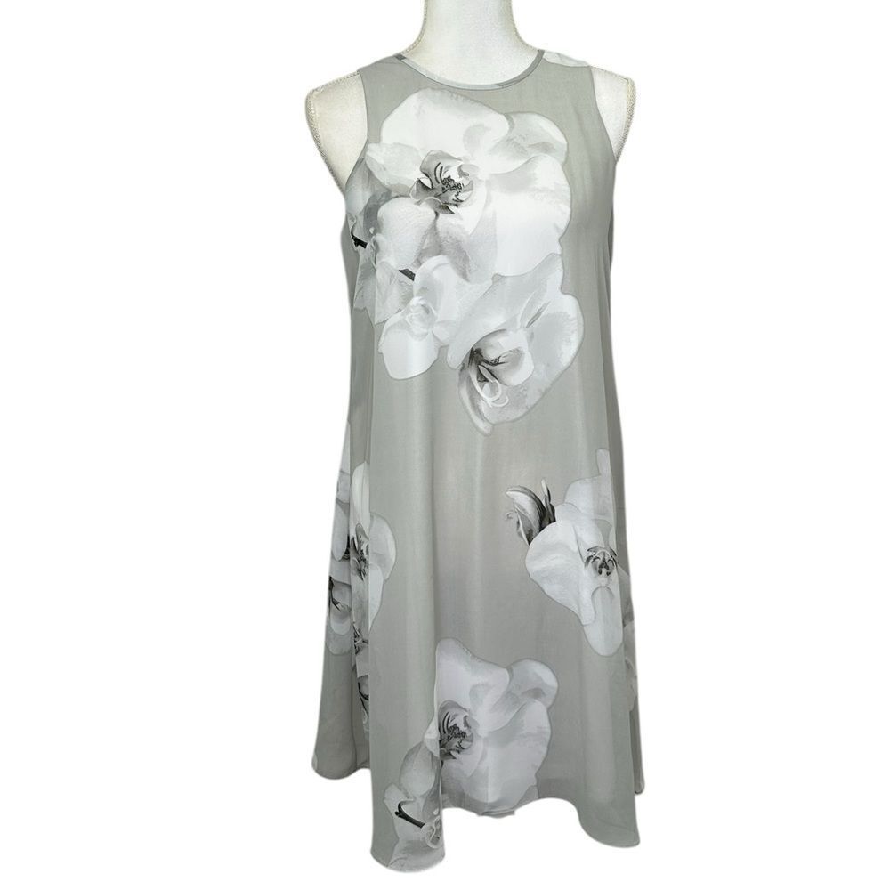 Calvin Klein Floral Sleeveless Lined Midi Dress in Gray and White Womens Size 8P